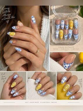 NWT Nailglossie Lemon Blue Mediterranean Press On Nails Medium